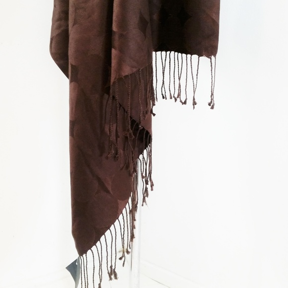 Giant Silk Scarf Fringe Brown Polka Dot Jacquard - Picture 4 of 8